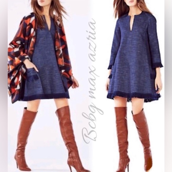 BCBG Swing Fringe Dress Size XXS Oversize Trysta Woven Cotton Denim Blue Pockets - Picture 1 of 8